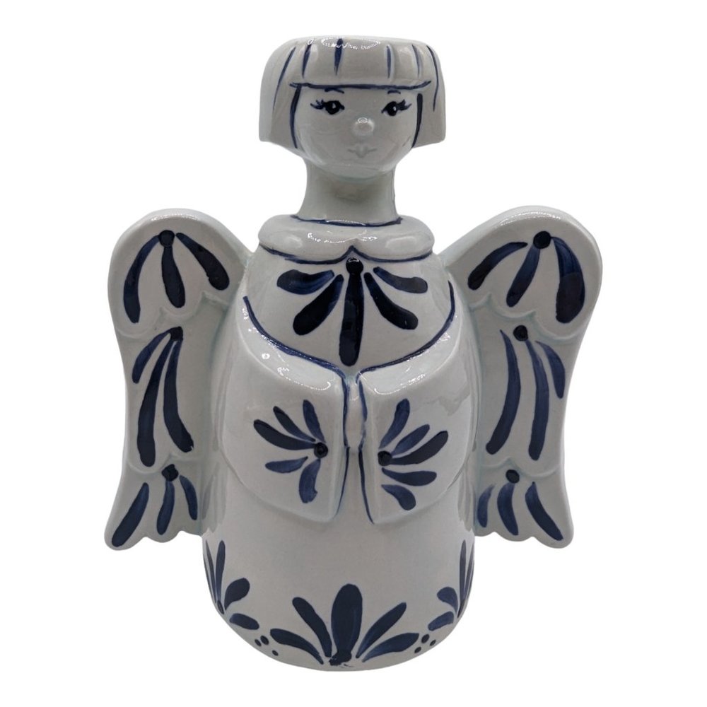 Vintage Blue & White Art Pottery Angel Taper Candle Holder Signed - Picture 3 of 9